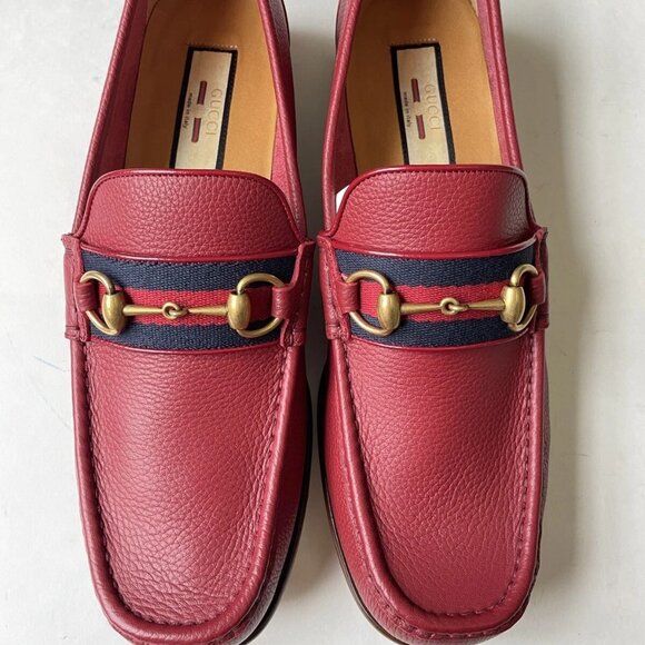 GUCCI Wislet Gold Horsebit Red Leather Loafers 1953 Sz UK 10 - Retail $900 - Picture 1 of 9